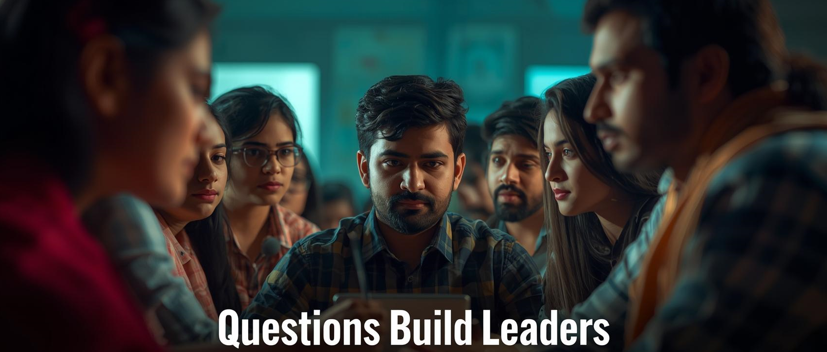 Questions Build Leaders - Students collaborating in a classroom setting